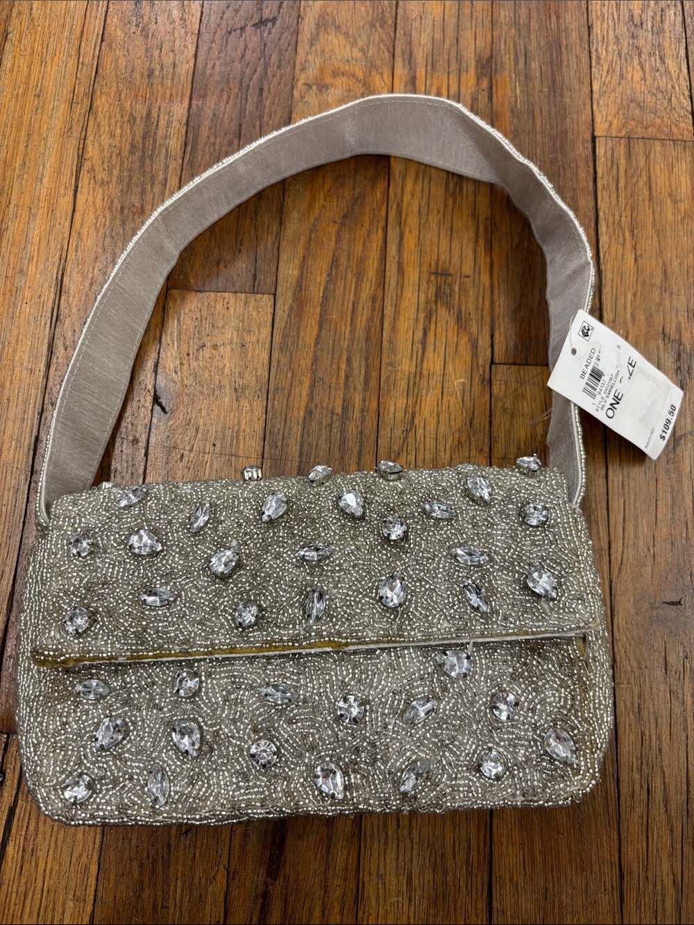 On 34th Embellished Ivory Evening Clutch with Crystal Beading